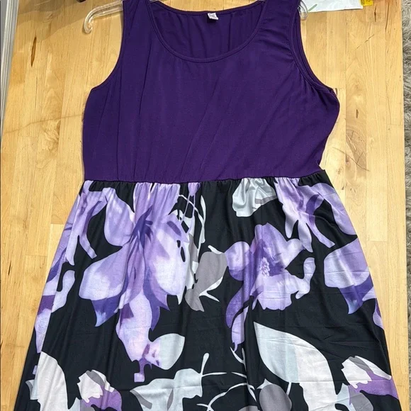 HAWAIIAN FLORAL SUNDRESS DRESS PLUS 2X PURPLE BLACK WHITE SCOOP-NECK STRETCH - Picture 4 of 11